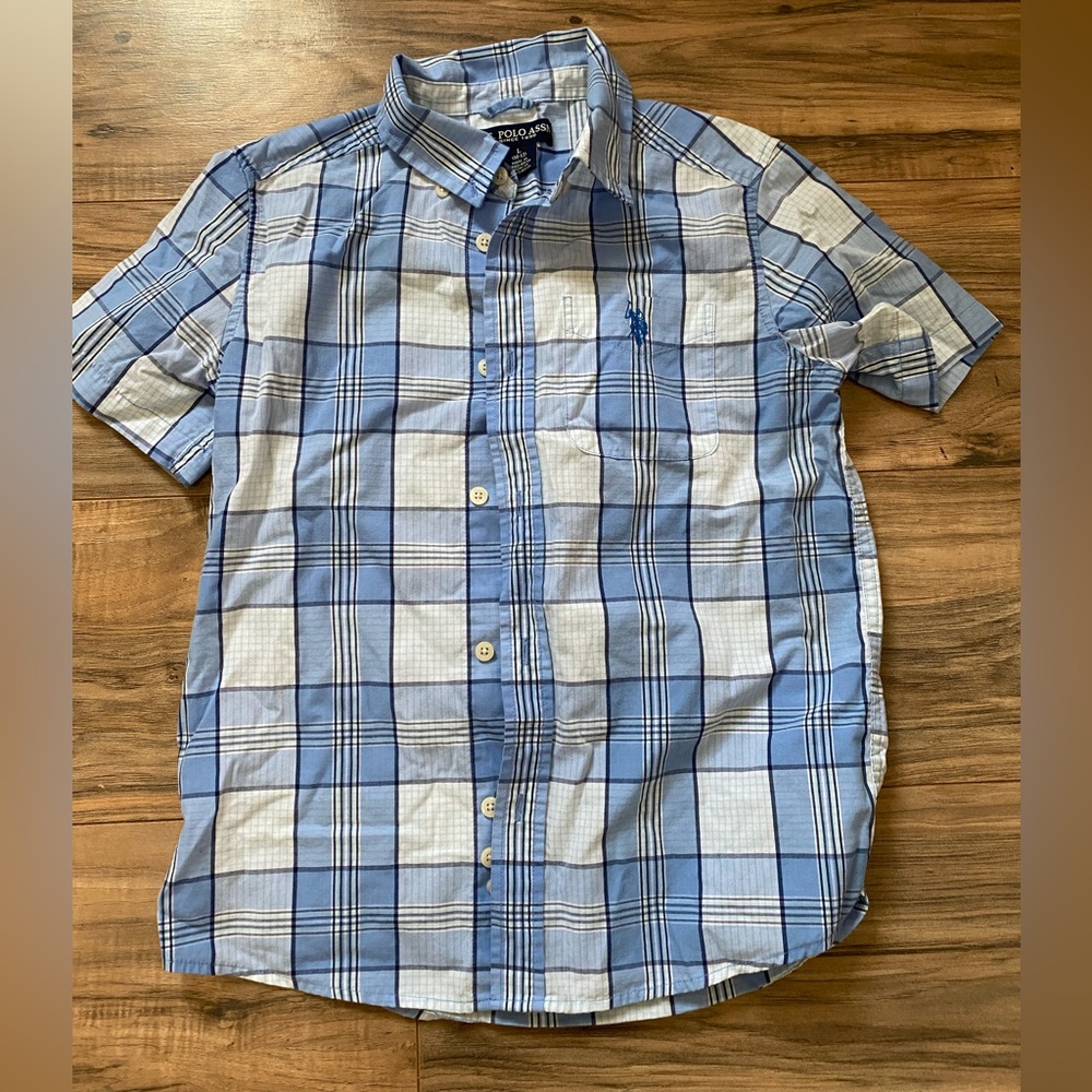 U.S. Polo Assn Boys Button Down Shirt Size L (10-12) Blue Plaid Short Sleeve
